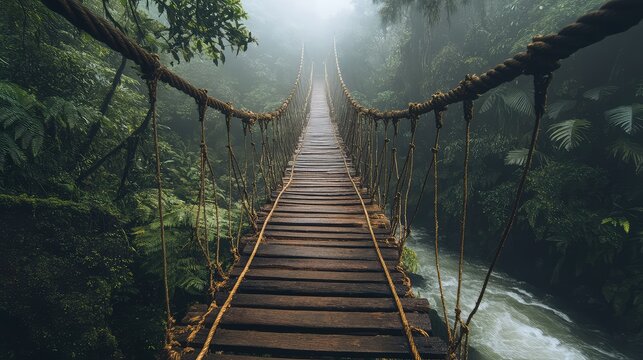 Fototapeta A wooden rope bridge, suspended over a fast-moving river in a tropical rainforest, with mist rising from the water