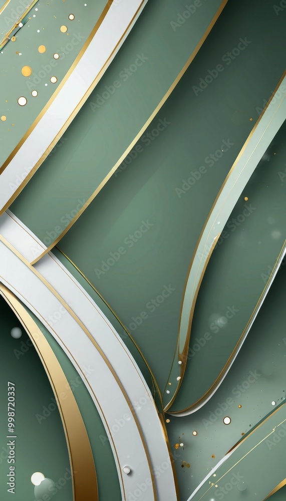 Poster a digital illustration green and gold abstract design with curved lines and white dots scattered thr