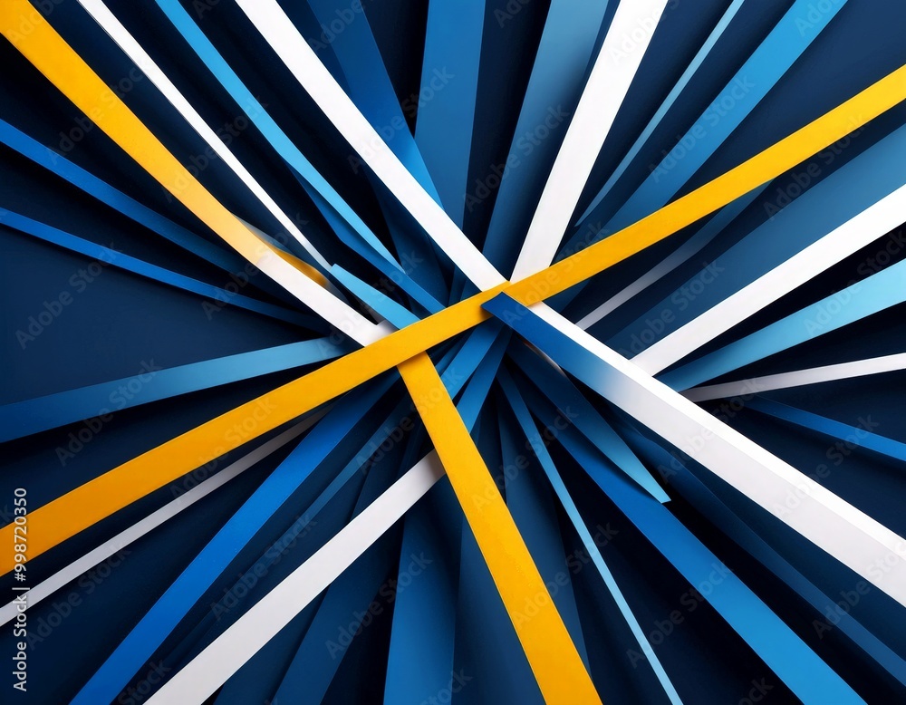 Poster a vibrant abstract composition of intersecting lines in various shades of blue, white, and yellow, creating a dynamic and visually striking effect