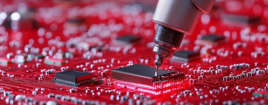 Close-up of a circuit board with a soldering tool on a vibrant red background.