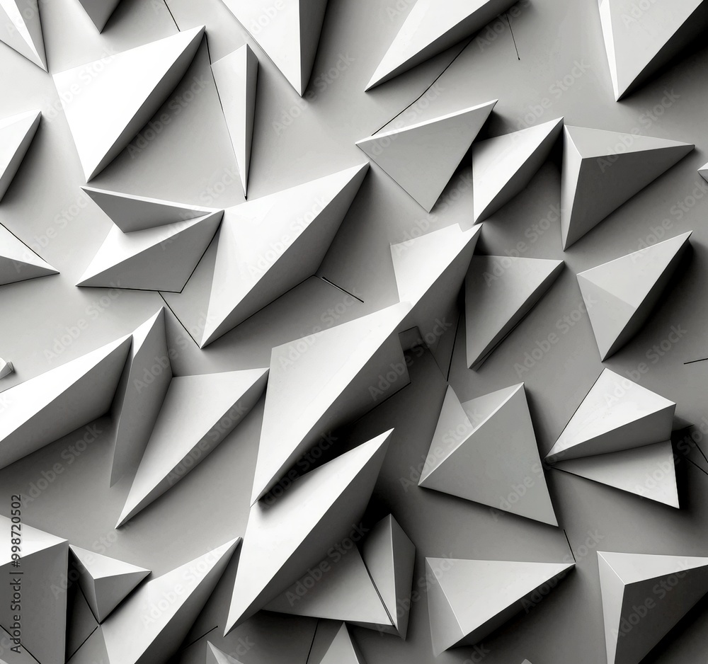 Poster a geometric pattern composed of numerous white triangles arranged in a repeating pattern, creating a visually striking and abstract design