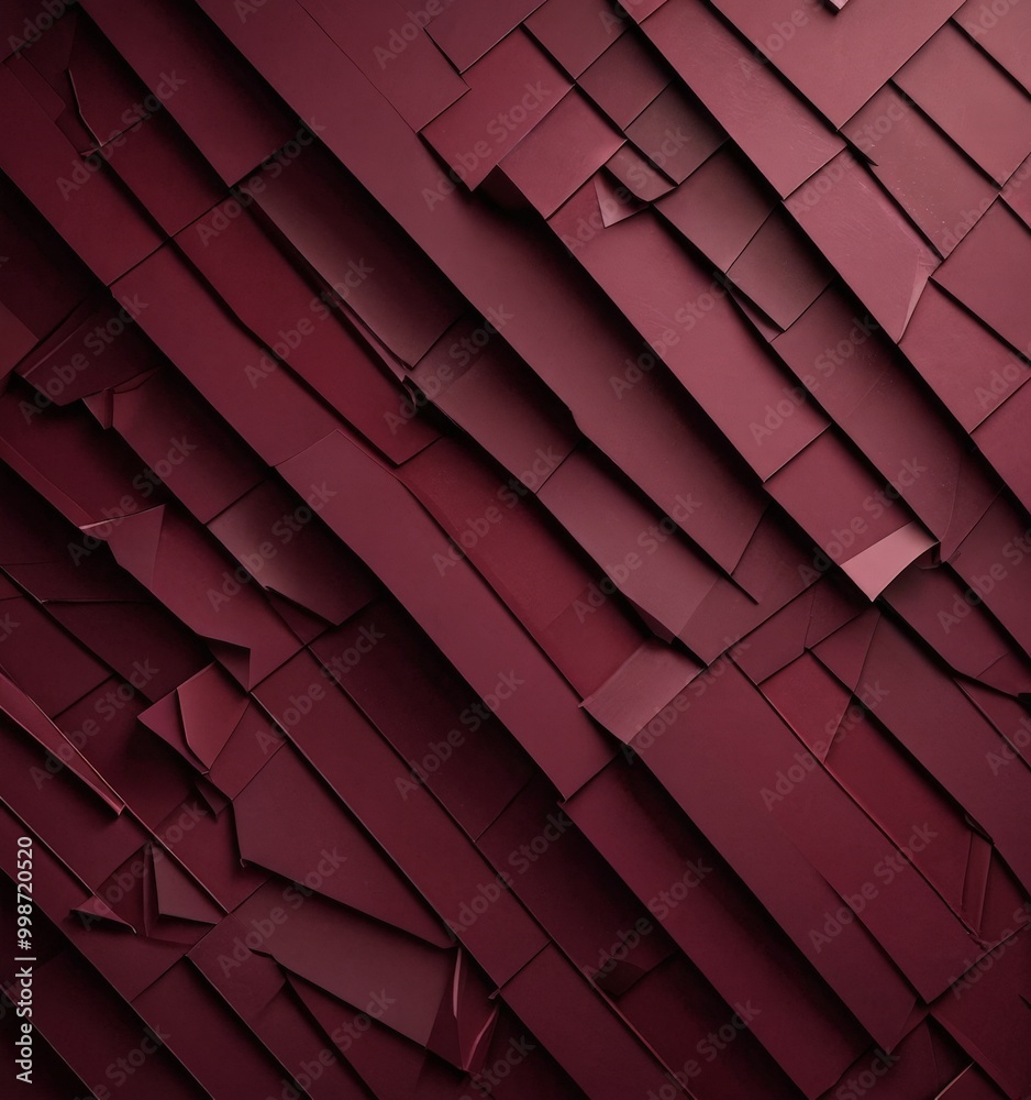 Poster a close-up view dark red, crumpled paper surface with a diagonal pattern of overlapping, crumpled shapes