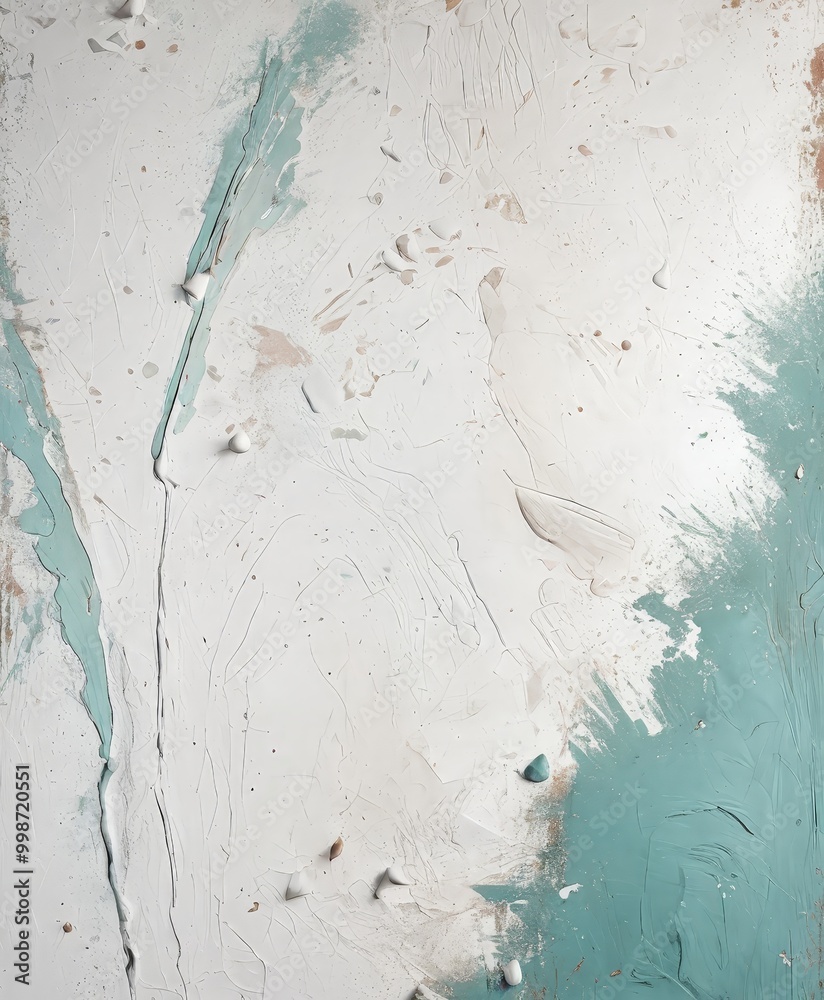 Poster a textured surface with a white and blue color palette, featuring a vertical line and splatters of p