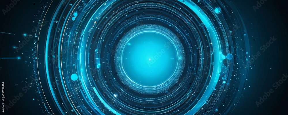 Poster a futuristic, circular design with a central glowing blue circle surrounded by concentric blue lines and dots, creating a sense of depth and dimensionality
