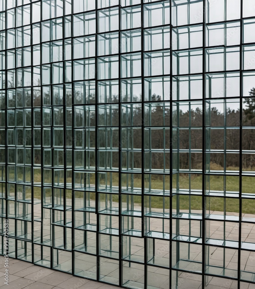 Poster a modern glass structure composed of numerous rectangular panels arranged in a grid-like pattern, with a blurred background of trees and a grassy area