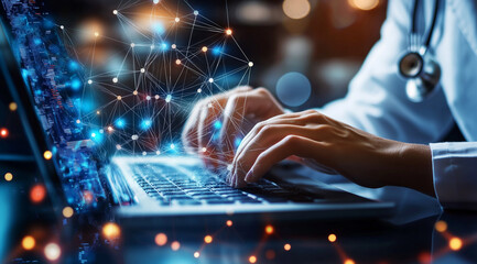 Close-up of hands typing on a laptop, with a background of glowing digital network connections and AI icons. The setting appears to be a medical environment, with a white coat visible. 