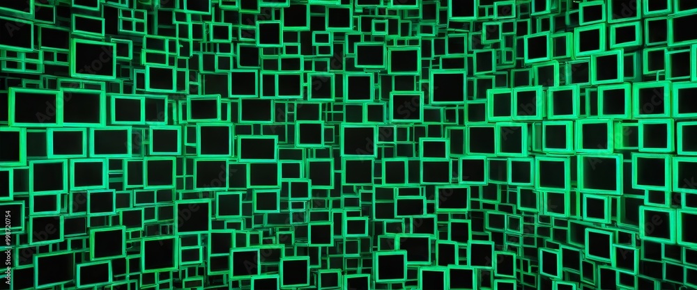 Poster a room filled with numerous square-shaped objects, each with a unique color and size, creating a visually striking and abstract pattern