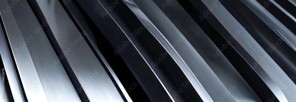 Poster a close-up view series of parallel metallic strips, with varying shades of gray and black, creating a dynamic and abstract visual effect