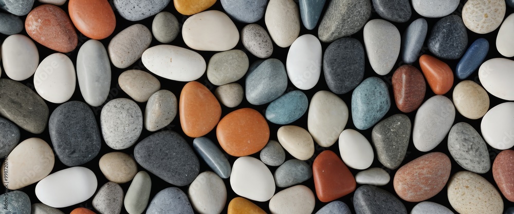 Poster A close-up view collection of variously colored pebbles and stones arranged in a random pattern against a black background