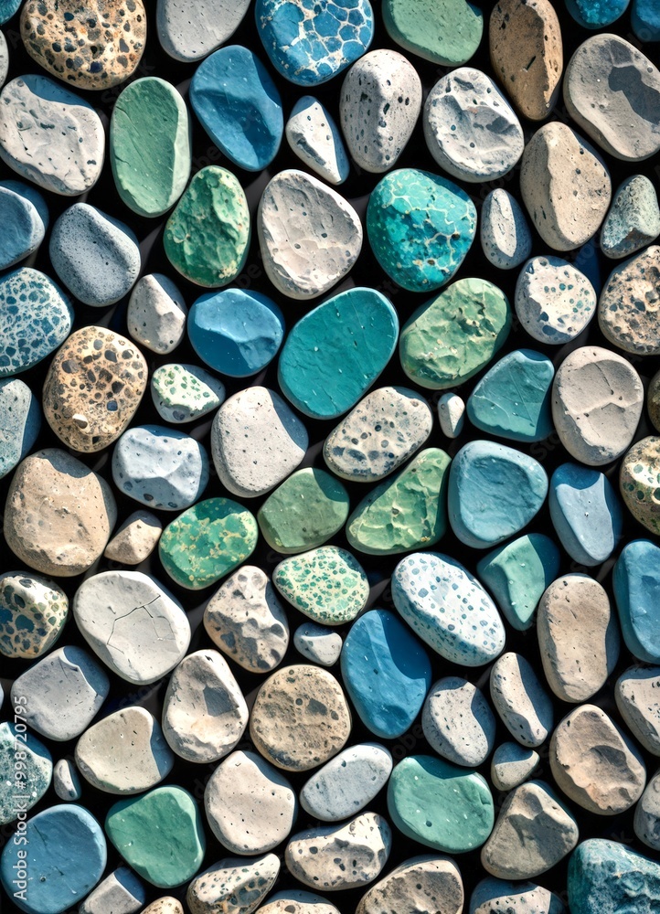 Aufkleber A close-up view collection of variously colored and textured stones arranged in a grid-like pattern against a dark background