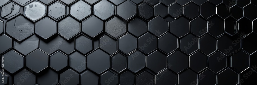 Poster A close-up view dark, textured surface composed of numerous hexagonal tiles arranged in a repeating pattern, creating a visually striking and geometric design