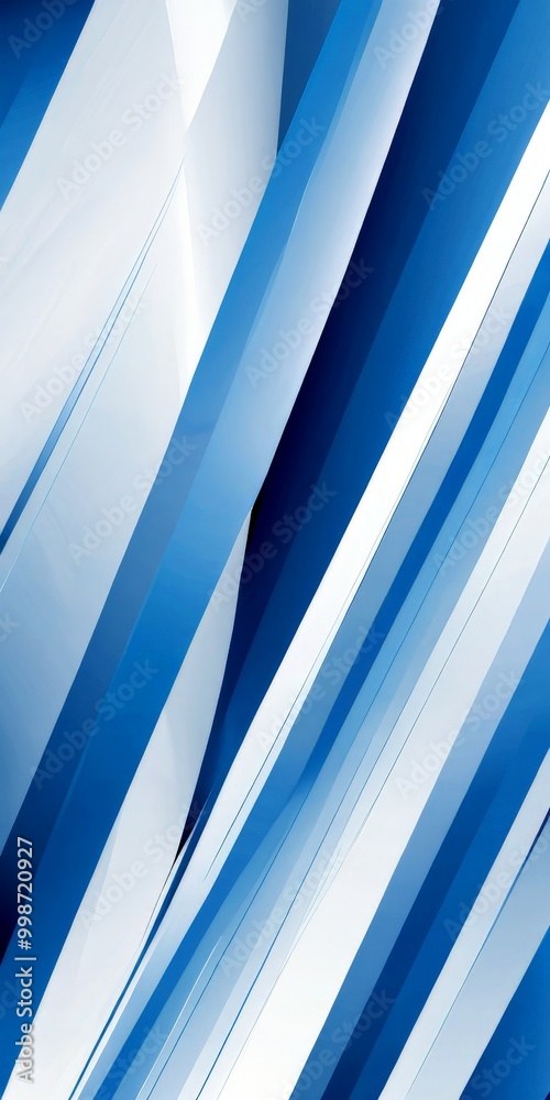 Poster a diagonal pattern of blue and white stripes, creating a dynamic and visually striking composition