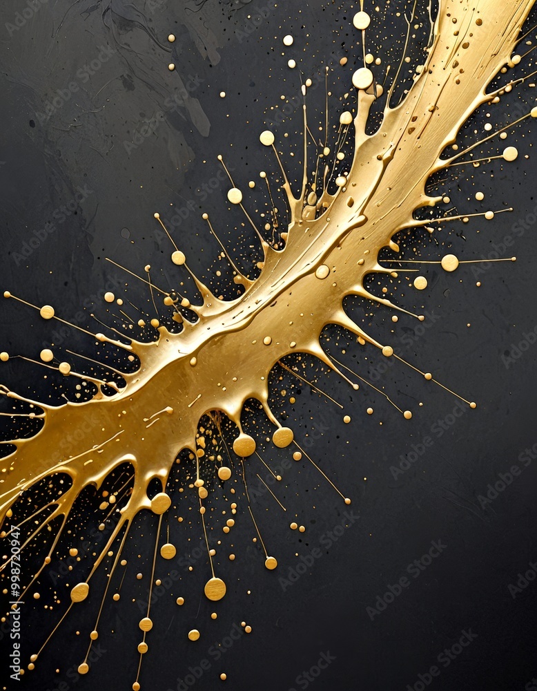 Poster a dynamic gold splash against a dark background, with the gold droplets radiating outwards in a radi