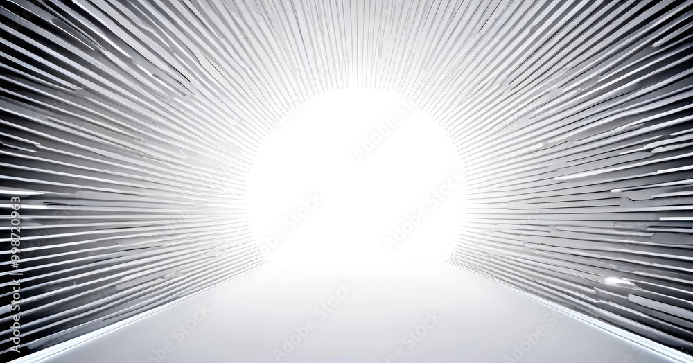 Poster a futuristic architectural design with a central light source radiating outwards from a tunnel-like structure, creating a sense of depth and perspective.
