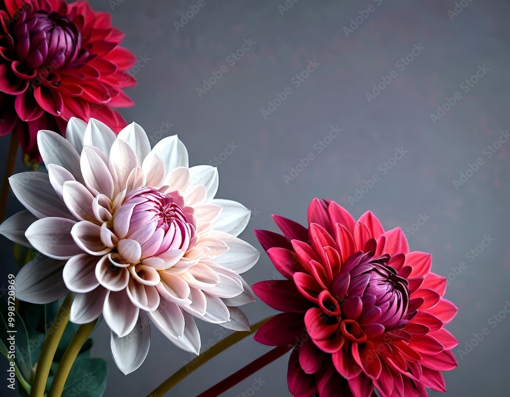 Poster three dahlias in various shades of pink and purple are arranged in a diagonal line against a dark gr