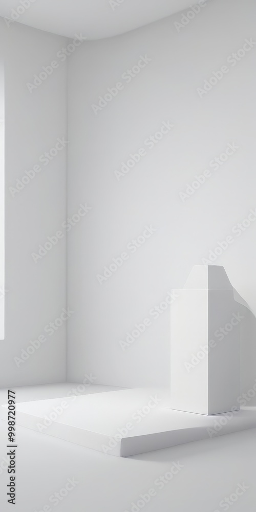 Aufkleber a minimalist white room with a pedestal and a window on the left side.