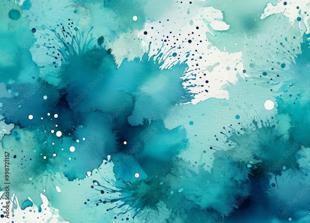 Poster an abstract watercolor painting featuring a vibrant blue and green color palette, with splashes of w