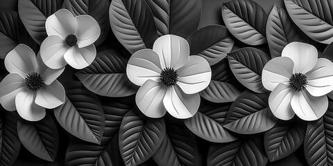 Elegant black and white floral arrangement with detailed leaves and blooms, creating a striking monochromatic design.