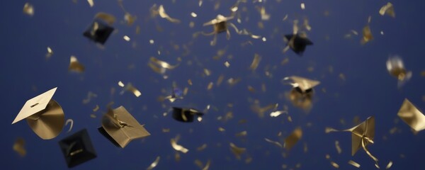 Fototapeta premium Golden confetti and golden graduation caps float against a deep blue backdrop, creating a celebratory atmosphere