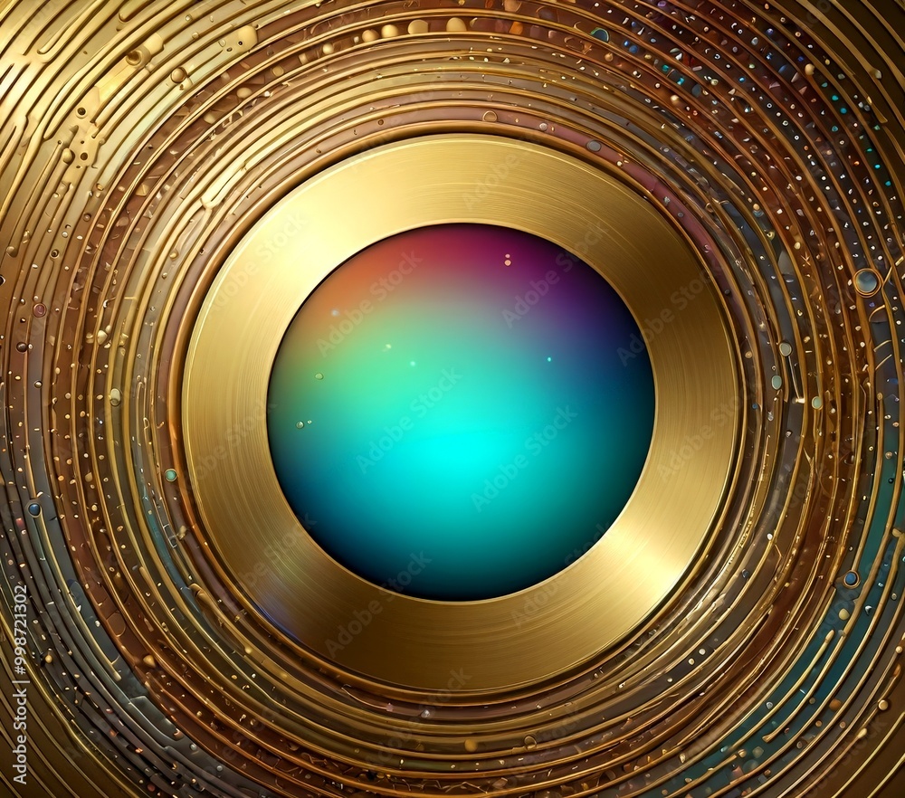 Aufkleber a circular gold-colored object with a gradient of colors, surrounded by a pattern of gold lines and small gold dots