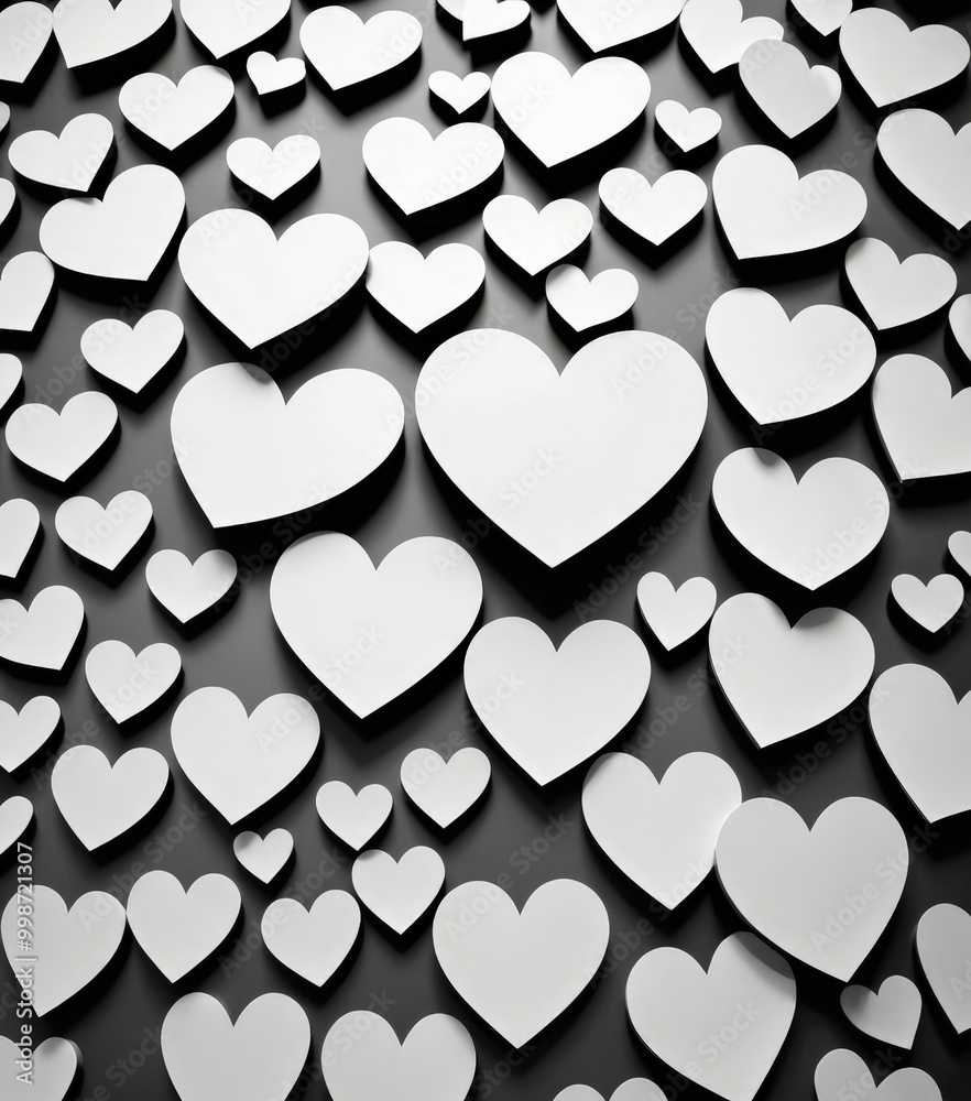 Poster a black and white featuring a pattern of white hearts on a dark background