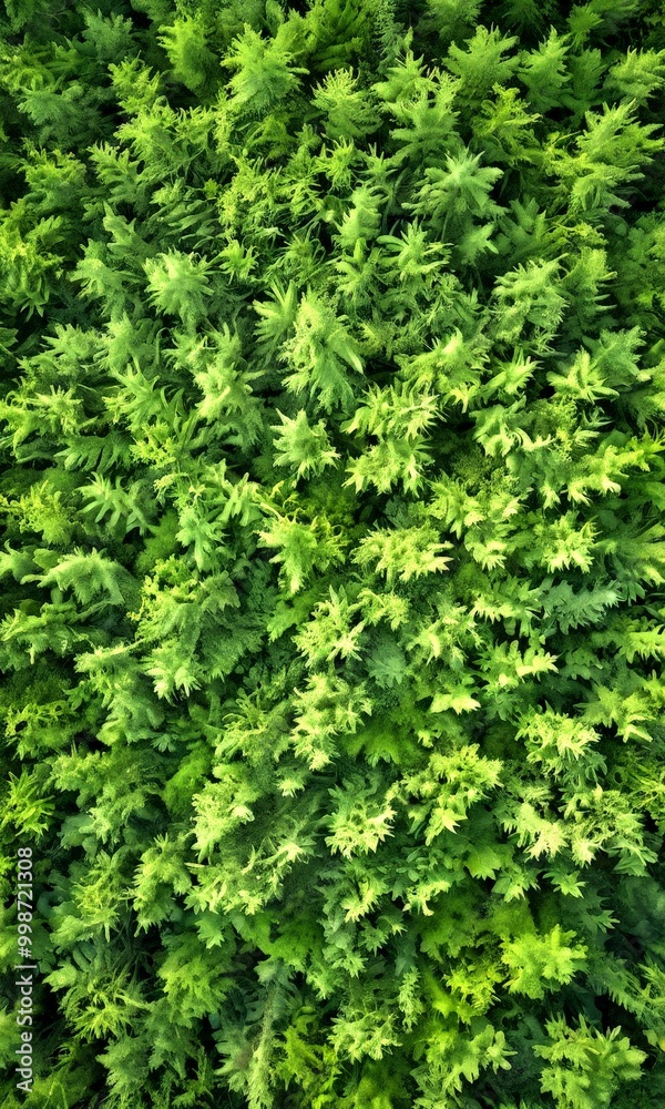 Poster aerial view dense forest of evergreen trees, showcasing their lush green foliage and intricate patte