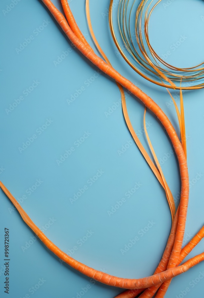 Leinwandbilder a collection of orange carrot sticks arranged in a curved line against a blue background, with a cir
