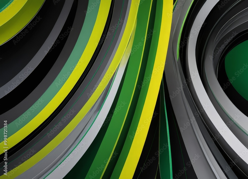 Poster a vibrant abstract composition of overlapping curved lines in various shades of green, yellow, and black, creating a dynamic and visually striking pattern