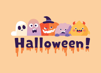 Vector flat background for halloween celebration. Halloween Cartoon Characters, Ghosts and Pumpkins. Cute monsters. Design for a festive autumn card.