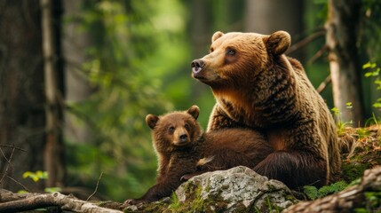 Obraz premium A mother bear and her cub are sitting on a rock in a forest