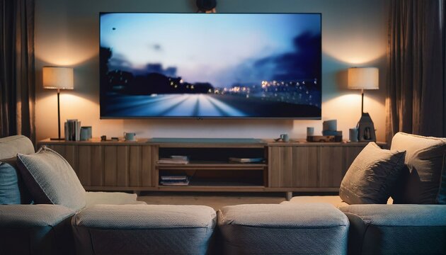 Empty comfortable couch in front of a big plasma tv in the room, ready for movie watching. 