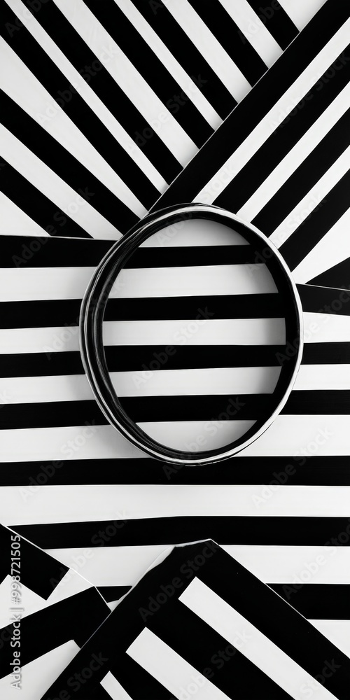 Fototapete a striking black and white composition with a central circular element, set against a background of intersecting diagonal lines