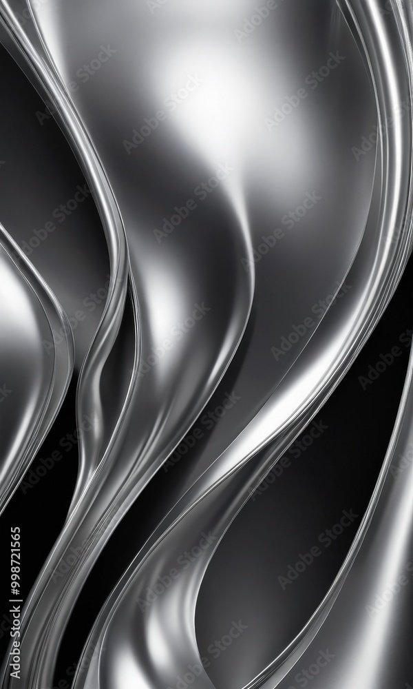 Poster a close-up view metallic surface with a shiny, reflective texture The metallic surface exhibits a wave-like pattern, with curved lines and a smooth, shiny finish The