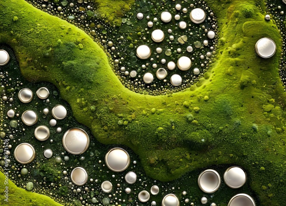 Aufkleber a close-up view of a green mossy surface with numerous small white circles scattered across it, creating a visually striking and abstract pattern.