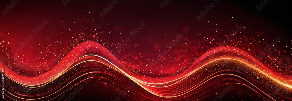 Poster a dynamic, abstract background with a dark red hue, adorned with a series of wavy lines and sparkling golden particles The lines, varying in length and direction, create a