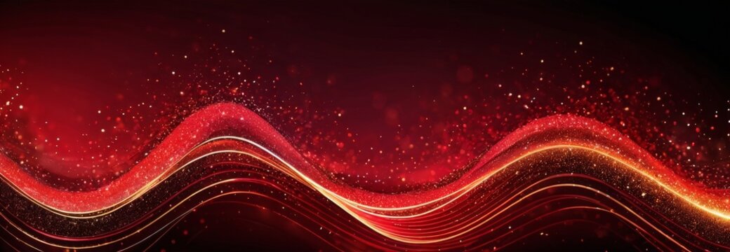 a dynamic, abstract background with a dark red hue, adorned with a series of wavy lines and sparkling golden particles The lines, varying in length and direction, create a