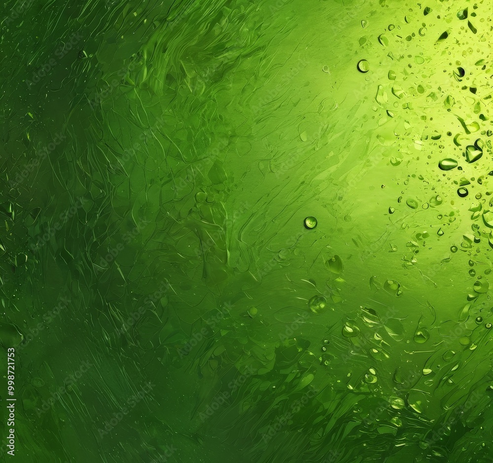 Fototapete a close-up view green surface with water droplets scattered across it, creating a textured and abstract pattern