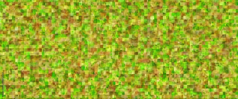 Fototapete a vibrant abstract composition featuring a mosaic of overlapping square tiles in various shades of green, yellow, and brown, creating a dynamic and textured visual effect.