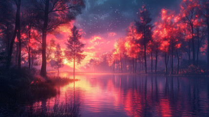 Obraz premium Crimson Sky Forest: A magical forest bathed in the ethereal glow of a crimson sunset, the water reflecting the vibrant hues, creating a breathtaking spectacle of nature's artistry. 