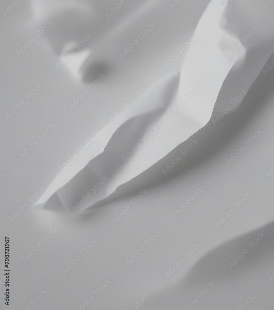 Poster a close-up view crumpled white sheet of paper, with a slight curve and a slight bend, creating a sense of movement and texture