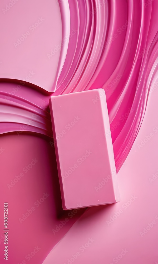 Aufkleber A pink rectangular soap rests on a pink abstract background, with curved lines and swirls creating a dynamic and visually appealing composition