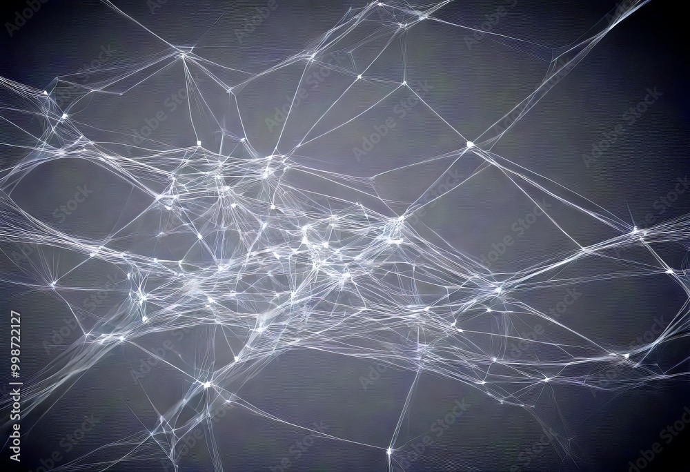 Poster a complex network of interconnected lines and dots against a dark background, creating a visually striking abstract pattern