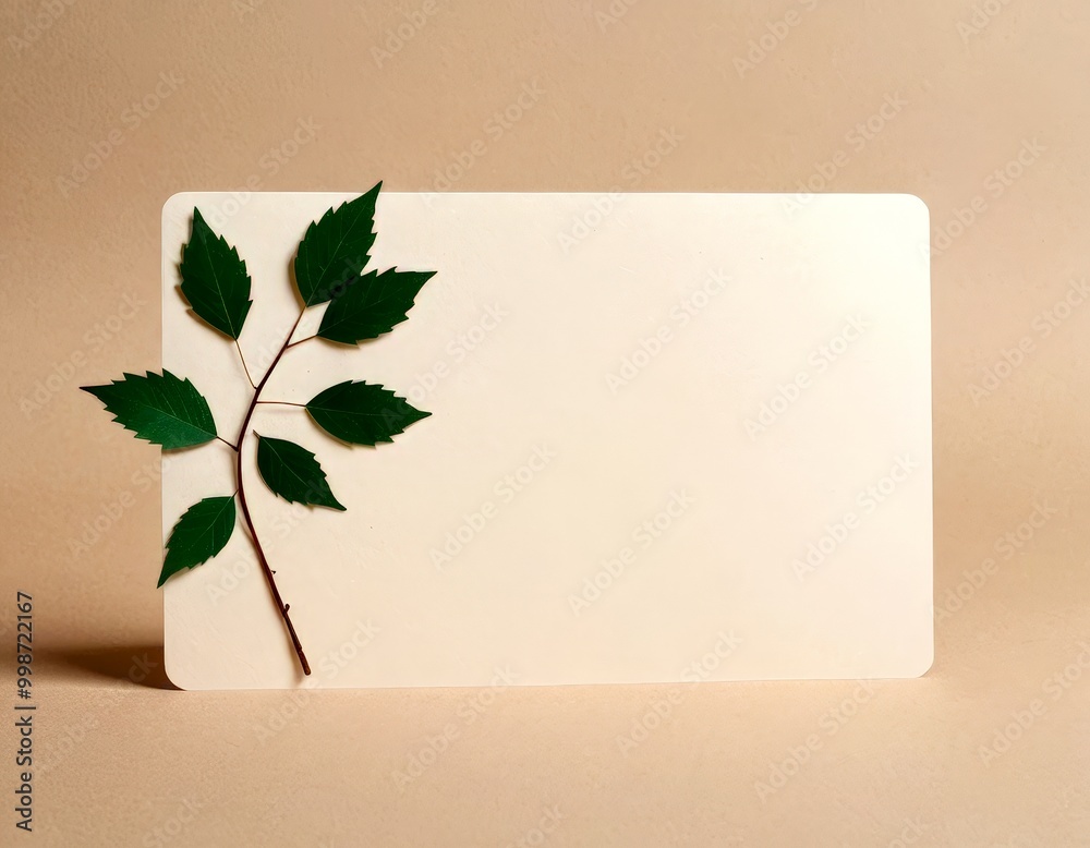 Poster a branch with green leaves is placed on the left side blank white card, creating a minimalist and na