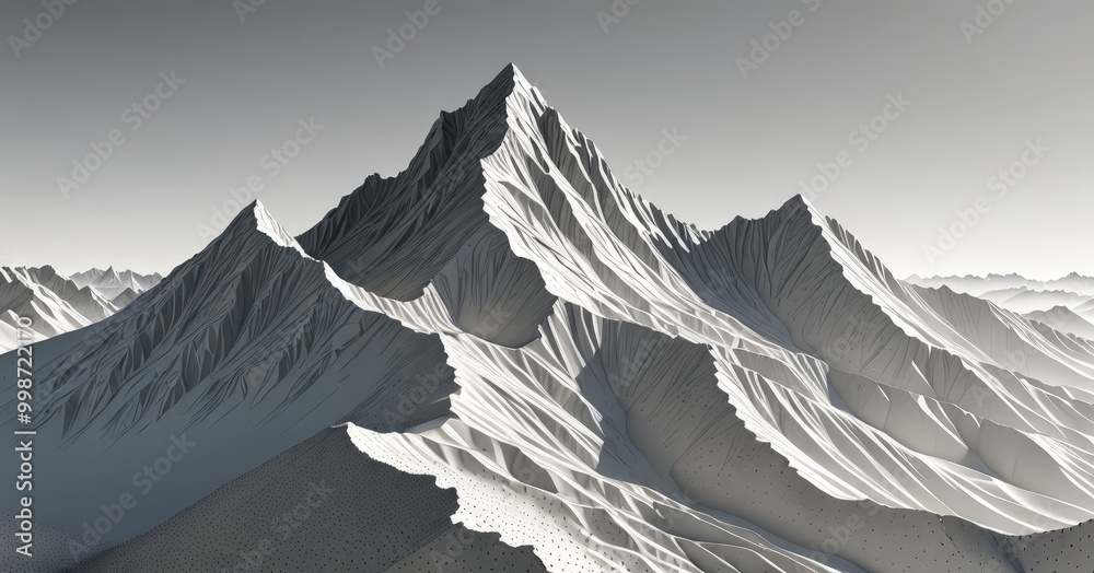 Poster a majestic mountain range with a prominent peak in the center, surrounded by a sea of snow-capped mo