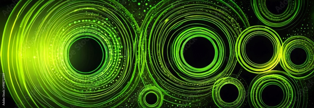 Aufkleber a striking abstract composition of concentric circles in various shades of green, with a black backg