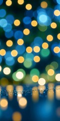 Fototapeta premium a blurred background of multicolored lights, with a focus on the yellow and blue lights in the center