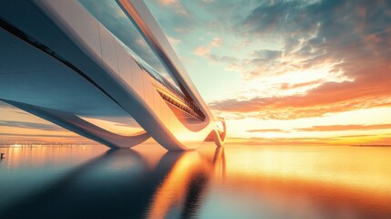  high-tech, sleek bridge with innovative design elements, framed against a glowing sunset