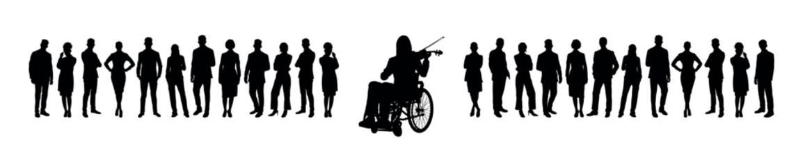Female musician on wheelchair playing violin outdoor performing in front of group of people silhouettes.