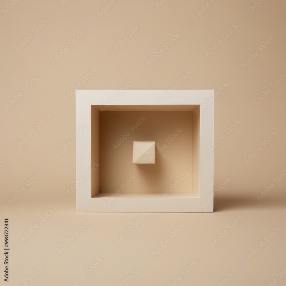 Aufkleber A minimalist white cube is centered within a white frame, creating a sense of balance and symmetry against a beige background