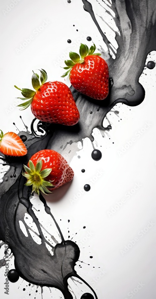 Aufkleber three ripe strawberries with green leaves are arranged on a white background, with black splatters a